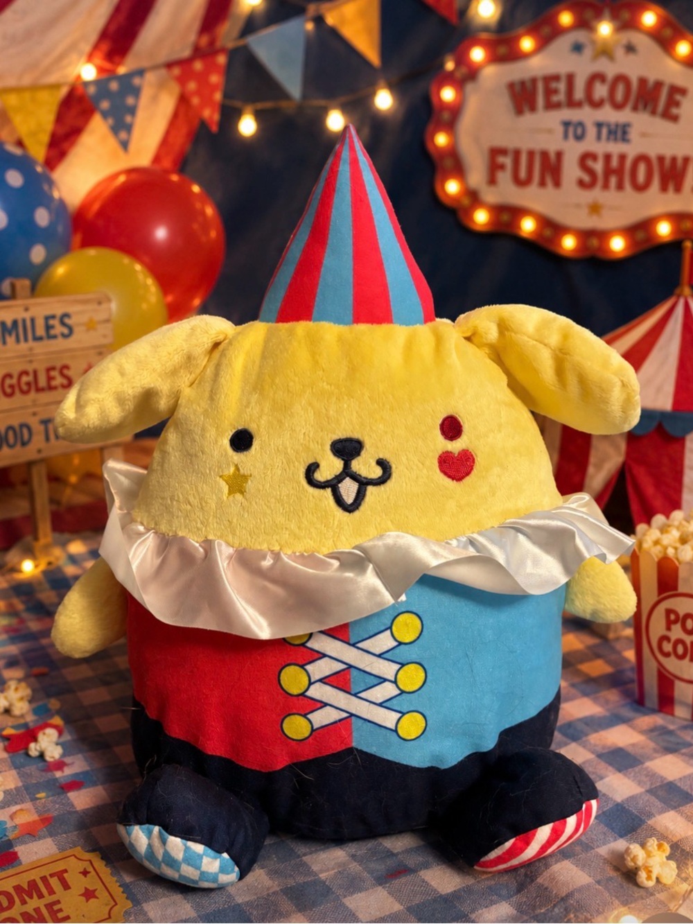 Sanrio Pompompurin Plush in Yellow, Red & Blue Circus Outfit